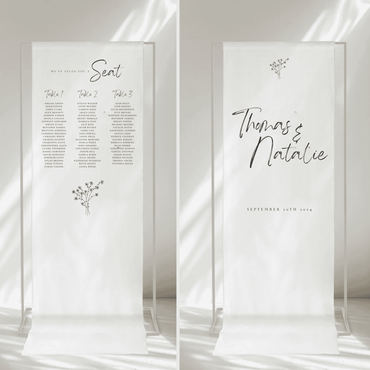 Handwritten wedding signage bundle with daisy detail, includes fabric welcome sign and seating chart