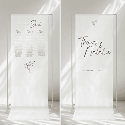 Handwritten wedding signage bundle with daisy detail, includes fabric welcome sign and seating chart