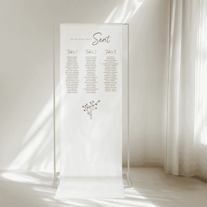 Handwritten seating chart sign on fabric with table list and daisy illustration, custom wedding signage