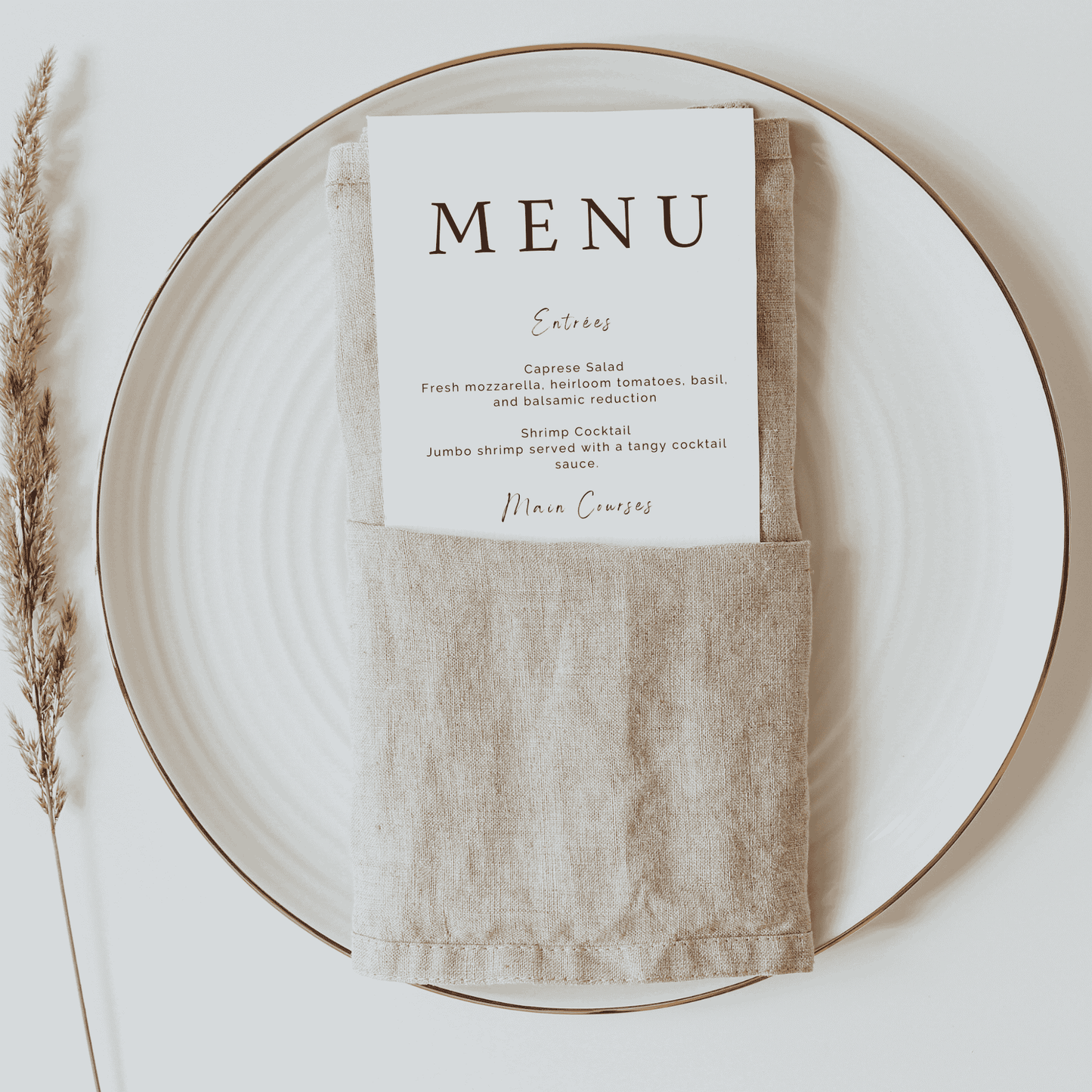 Daisy wedding menu placed in linen napkin on plate for wedding table settings and wedding stationery Australia