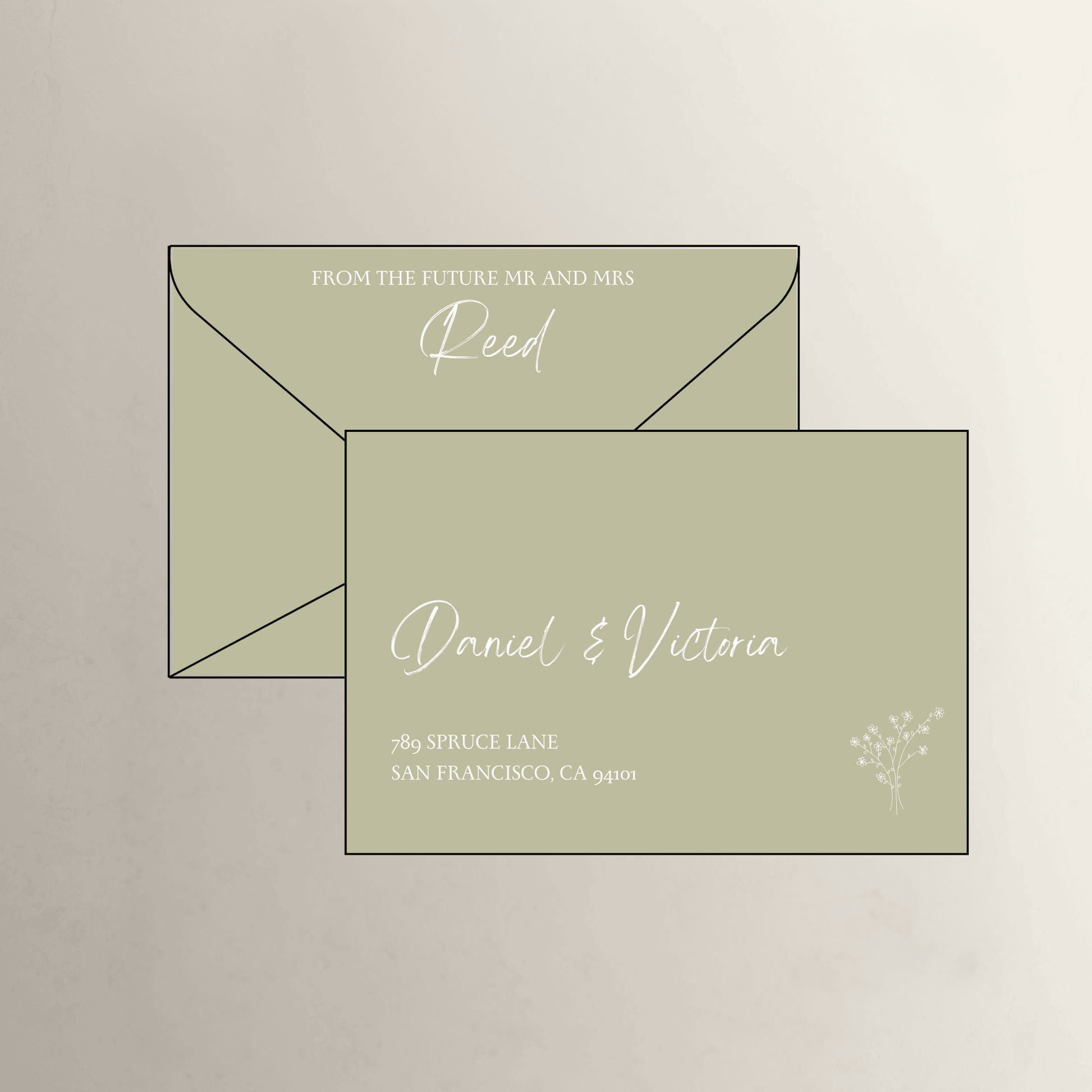 Daisy theme printed wedding invitation envelope in soft matcha green for simple wedding invitations and stationery suites