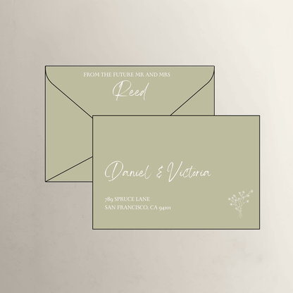 Daisy theme printed wedding invitation envelope in soft matcha green for simple wedding invitations and stationery suites