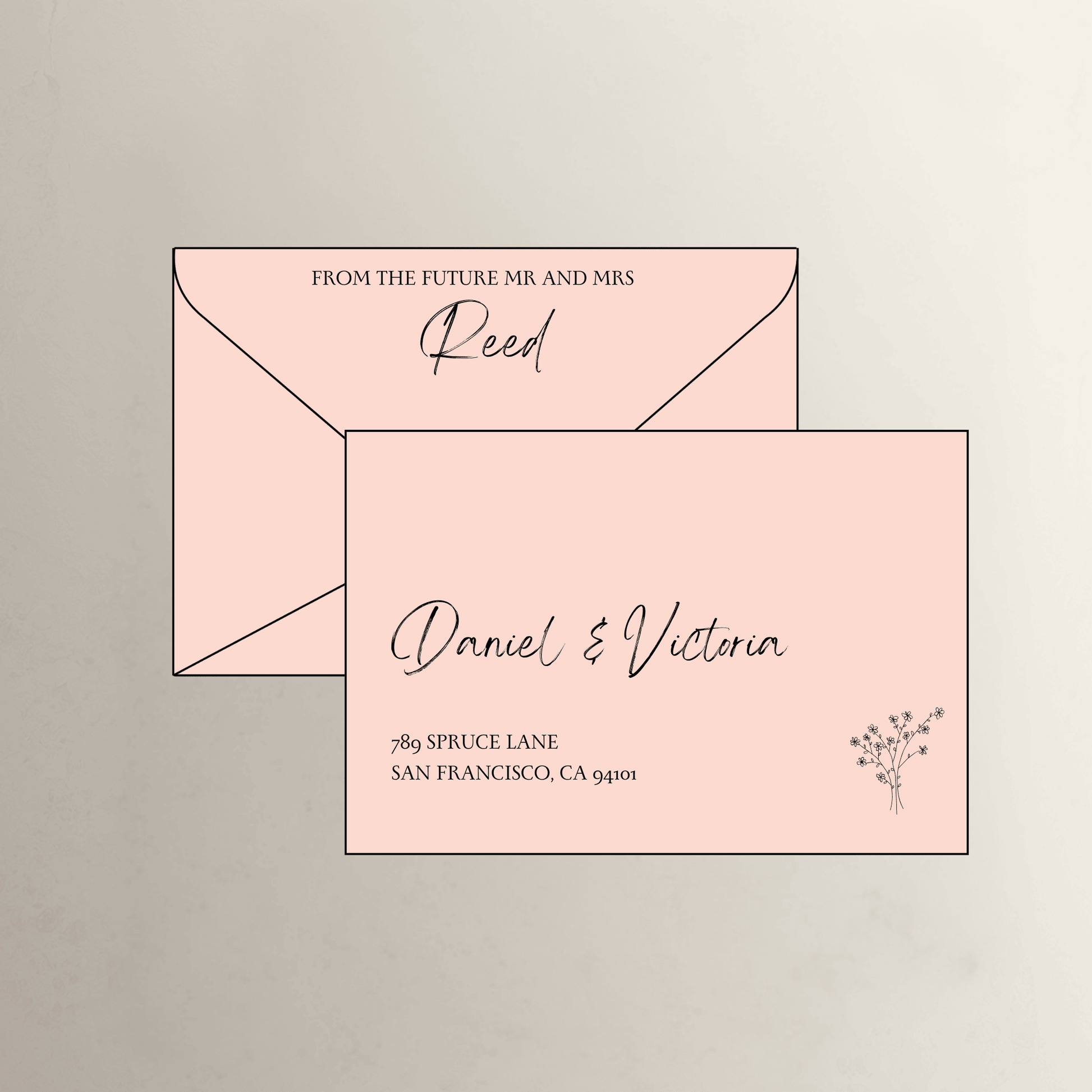 Daisy theme printed wedding invitation envelope in rosa pink for save the date stationery and printed invitations