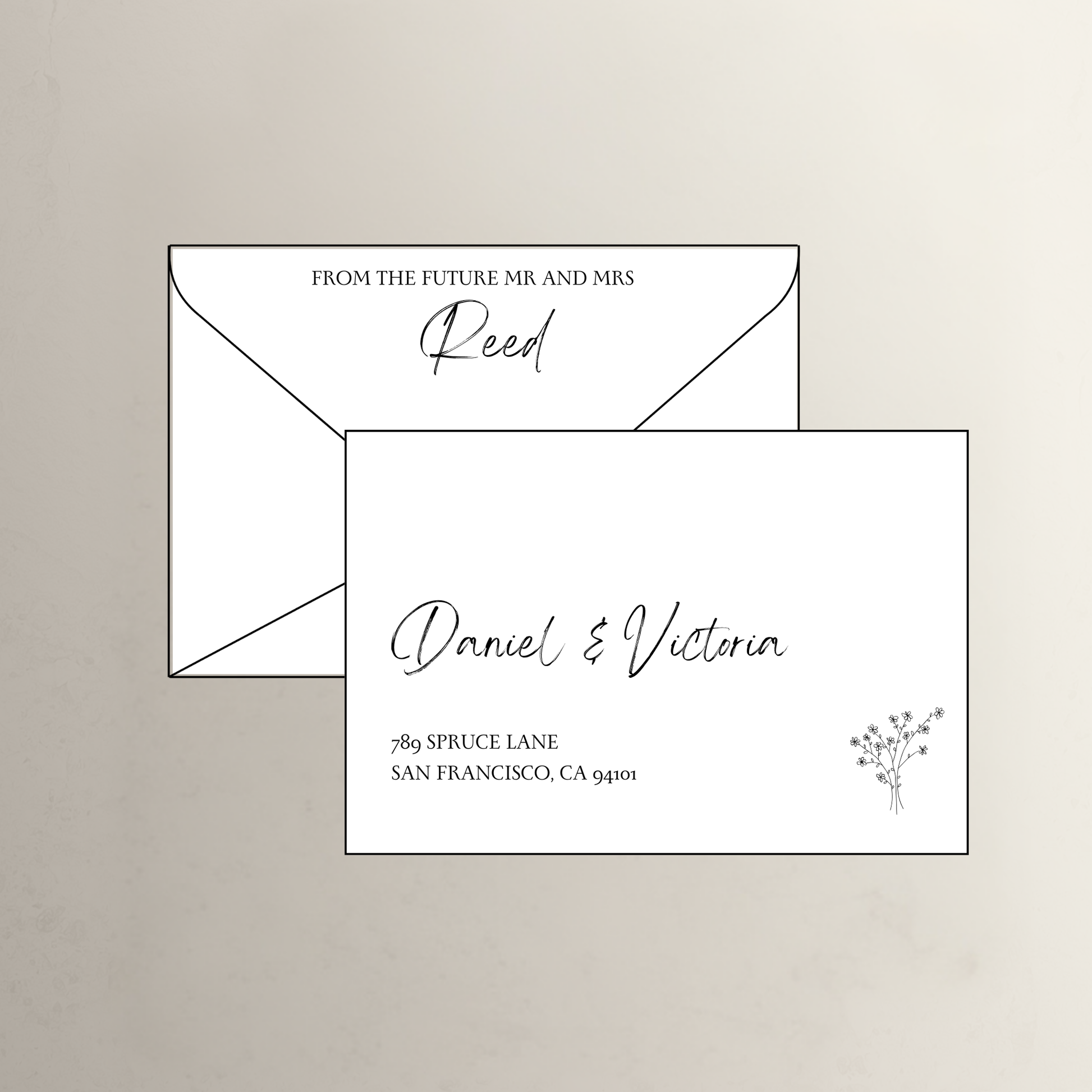 Daisy theme printed wedding invitation envelope in crisp white for wedding invitation sets and Melbourne wedding stationery