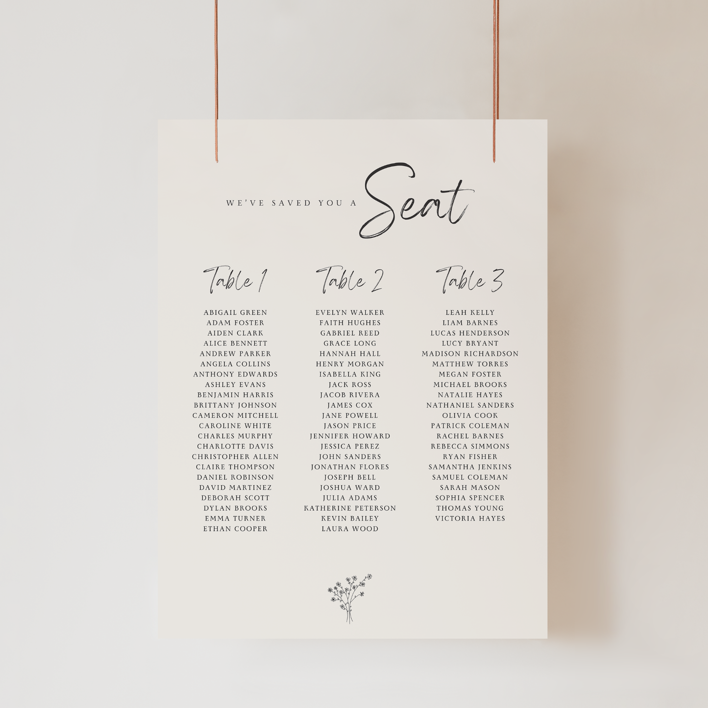 Daisy wedding seating chart printed sign showing guest tables for wedding seating charts and wedding stationery
