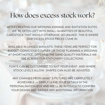 Informational image explaining excess stock wedding stationery, using leftover cardstock from invitation suites