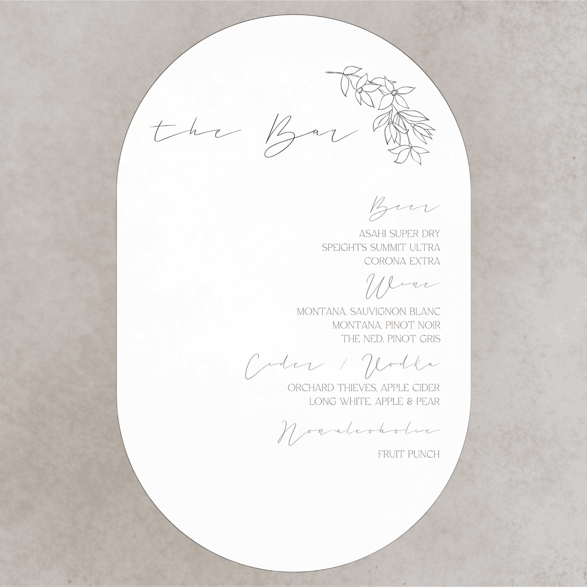 Flora wedding bar sign with oval design, custom wedding signage for wedding event and table signs.