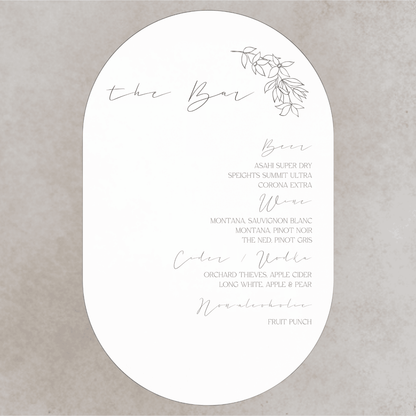 Flora wedding bar sign with oval design, custom wedding signage for wedding event and table signs.