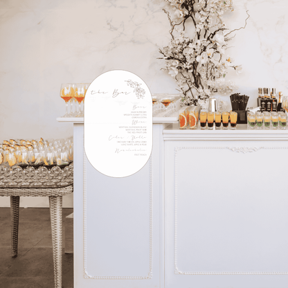 Flora wedding bar sign styled on indoor bar, wedding signage and bar signage for wedding décor.