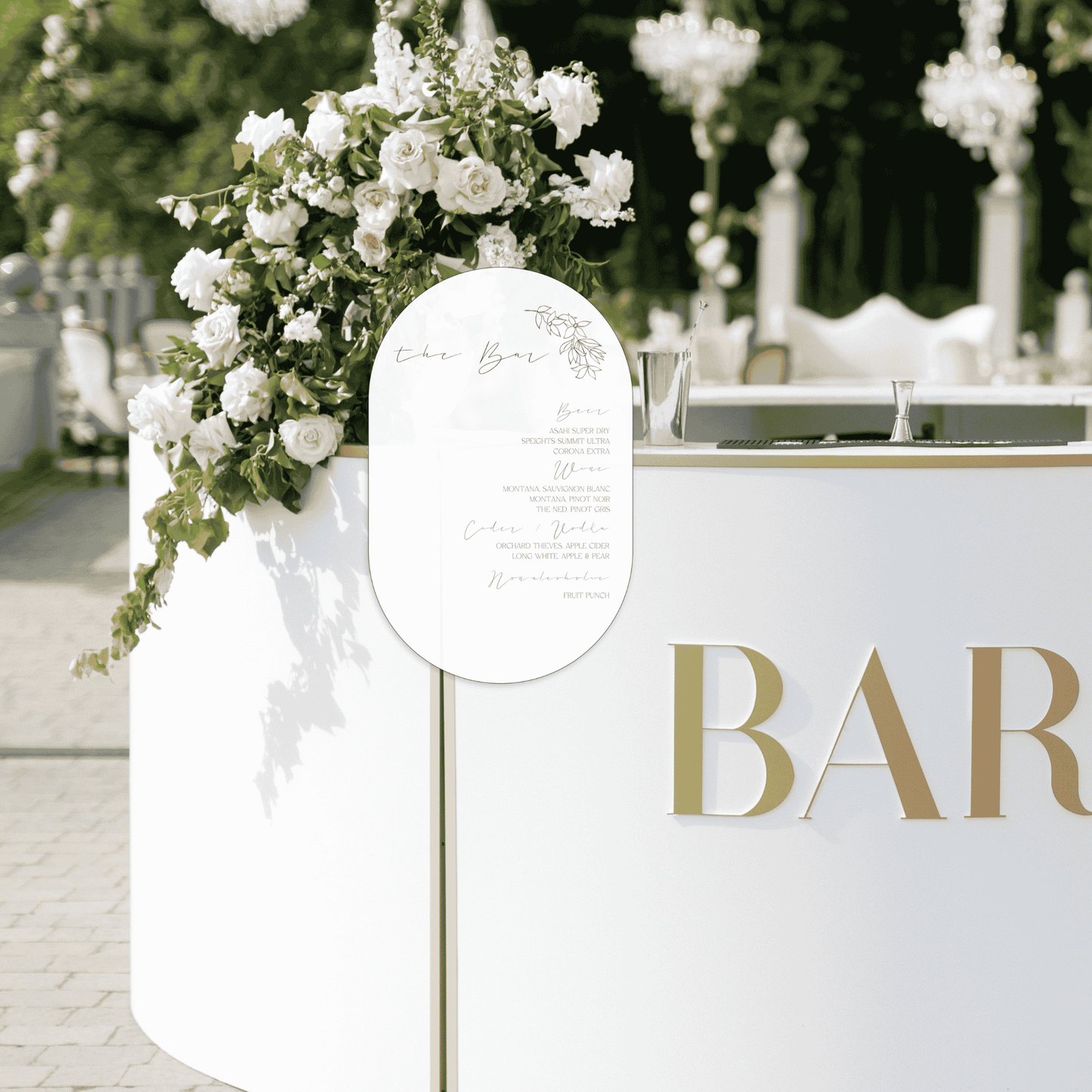 Flora wedding bar sign at outdoor reception bar, wedding signage for wedding event and table setting sign.