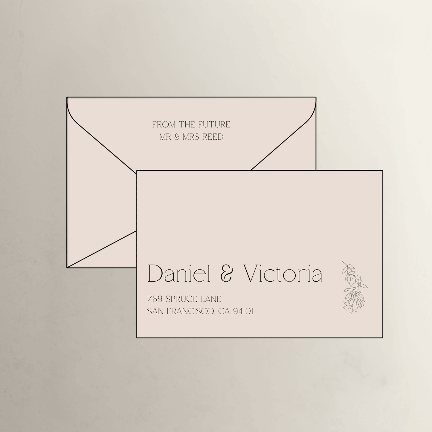 Blush pink printed envelope with floral artwork for wedding invitations personalised addressing and stationery