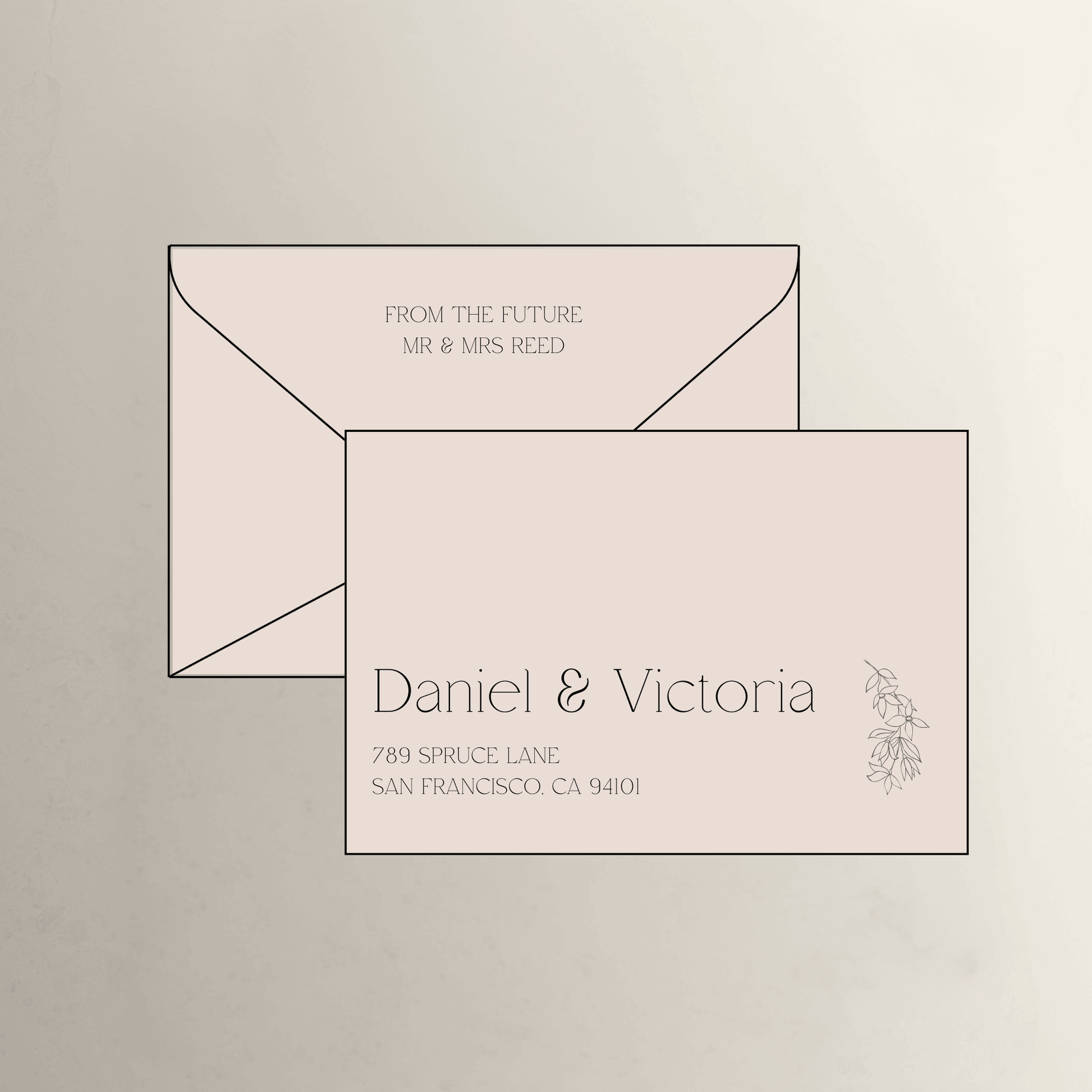 Blush pink printed envelope with floral artwork for wedding invitations personalised addressing and stationery