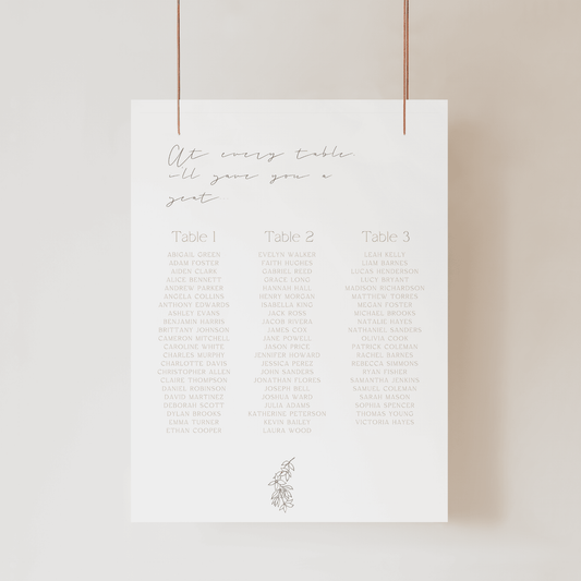 Close-up of Flora wedding seating sign featuring delicate botanical illustration and soft neutral tones