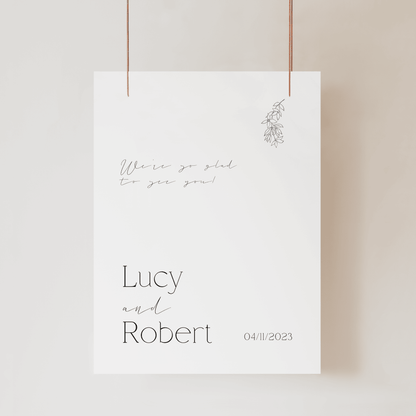 Flora wedding welcome sign with couple names and date printed on modern wedding stationery for wedding signage and wedding event