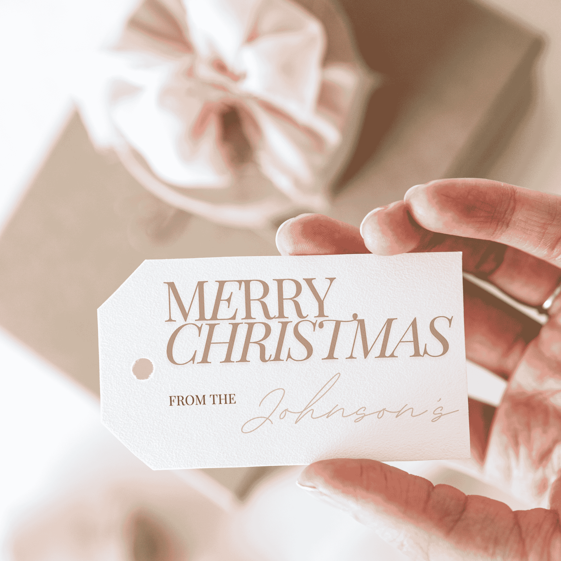 Custom Merry Christmas gift tag with family name, handmade stationery accessory for wedding favours and events