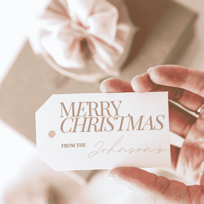 Custom Merry Christmas gift tag with family name, handmade stationery accessory for wedding favours and events