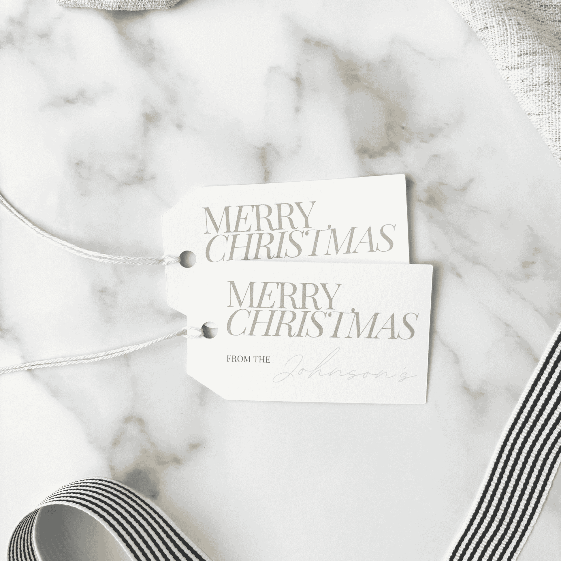 Set of personalised Christmas gift tags with modern text, handmade stationery for weddings, events and table styling