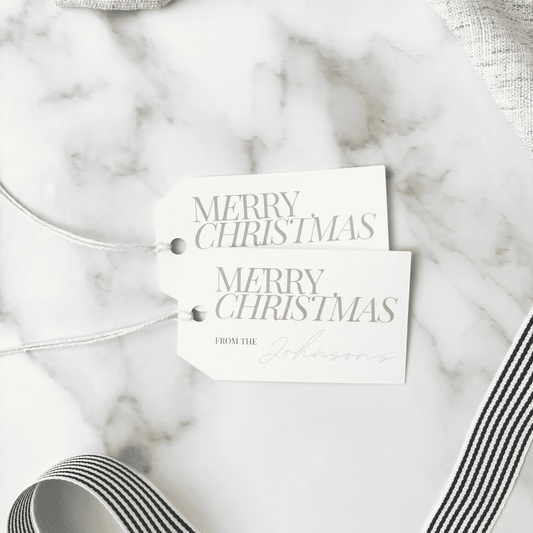Set of personalised Christmas gift tags with modern text, handmade stationery for weddings, events and table styling