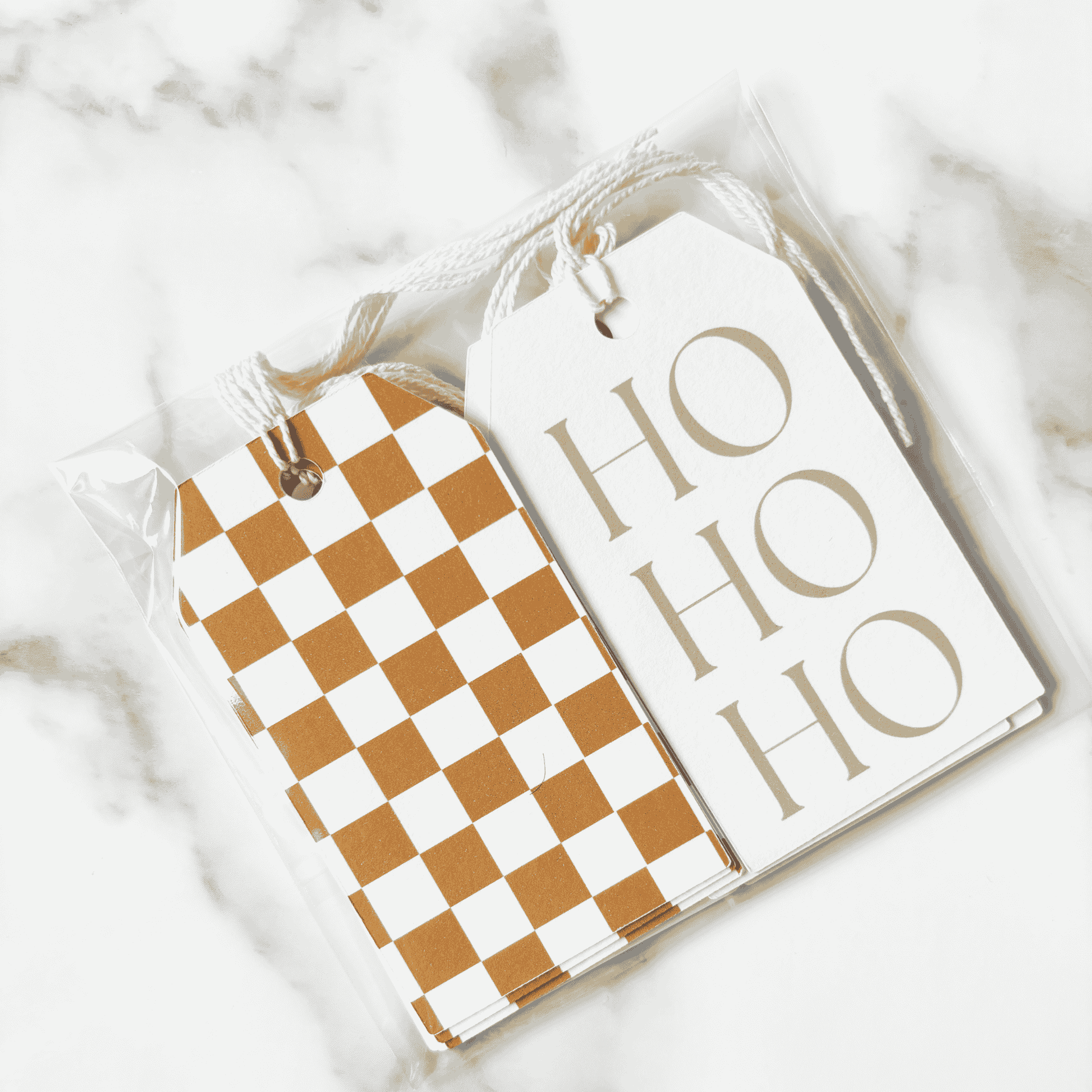 Handmade Christmas gift tags with mustard checkered pattern, ideal for Christmas gift wrapping and festive stationery sets