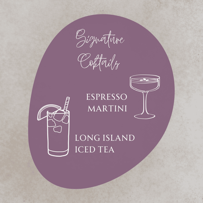 Handwritten wedding bar sign with signature cocktails menu, custom wedding signage printed to match invitation suites and wedding stationery