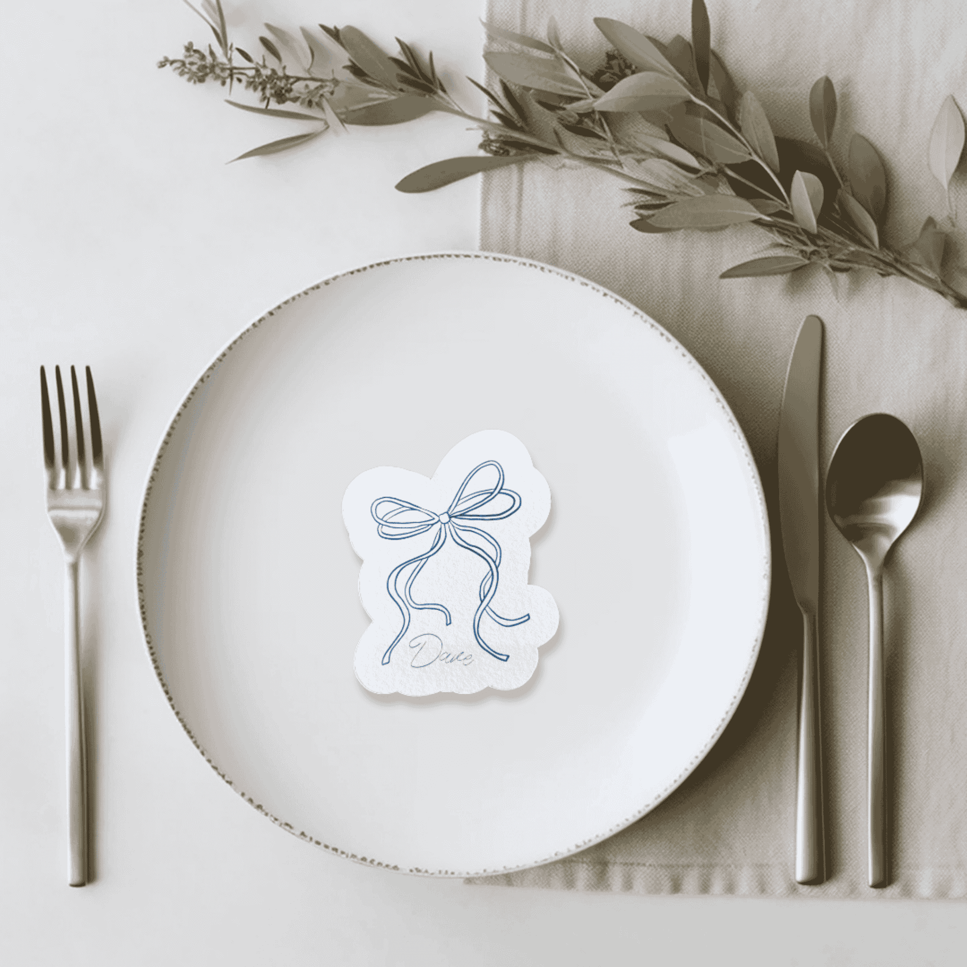 Handmade wedding place cards with blue ribbon design ideal for wedding stationery and Melbourne invitations