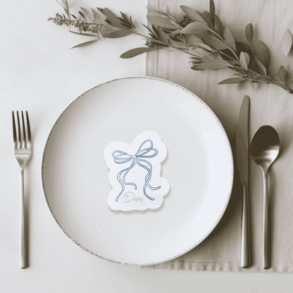 Handmade wedding place cards with blue ribbon design ideal for wedding stationery and Melbourne invitations