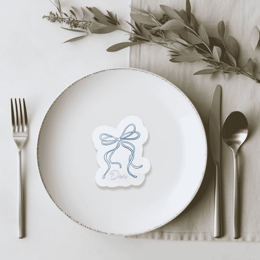 Handmade wedding place cards with blue ribbon design ideal for wedding stationery and Melbourne invitations