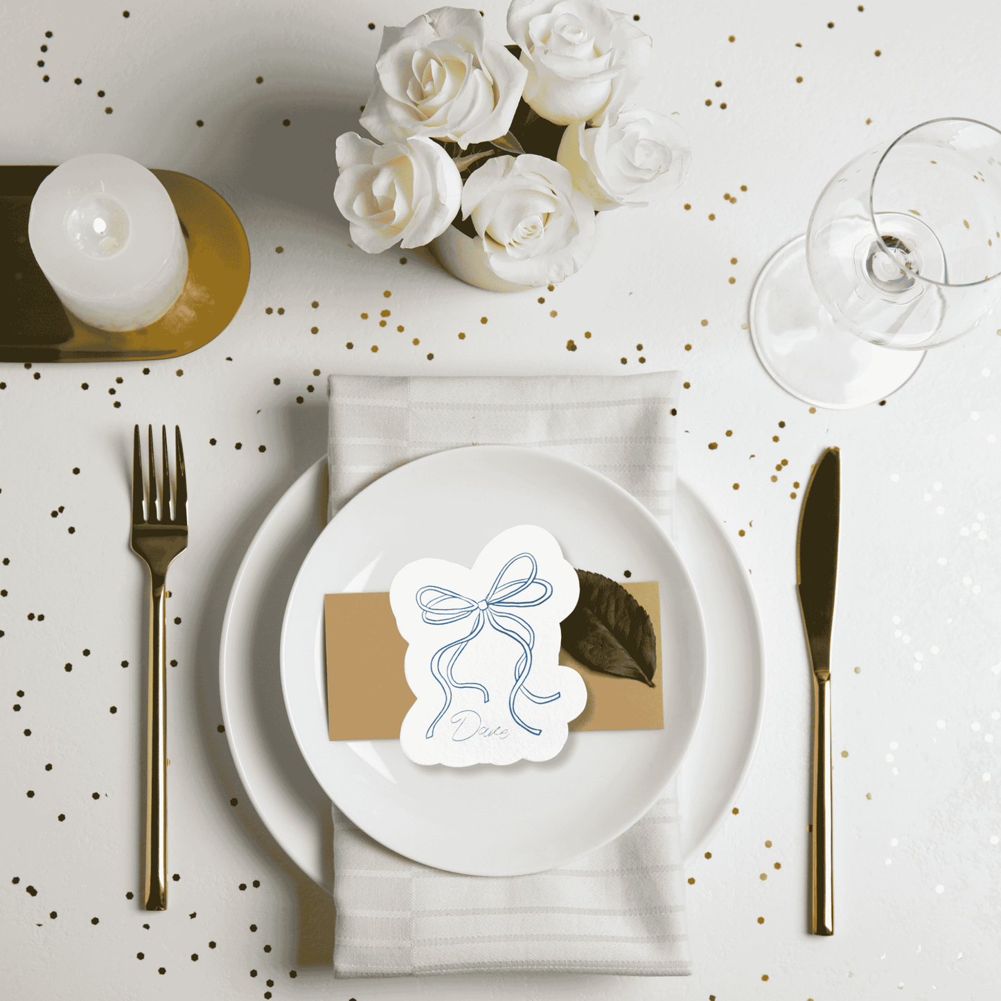 Wedding place cards on cardstock with ribbon artwork for wedding table settings and custom wedding invitations