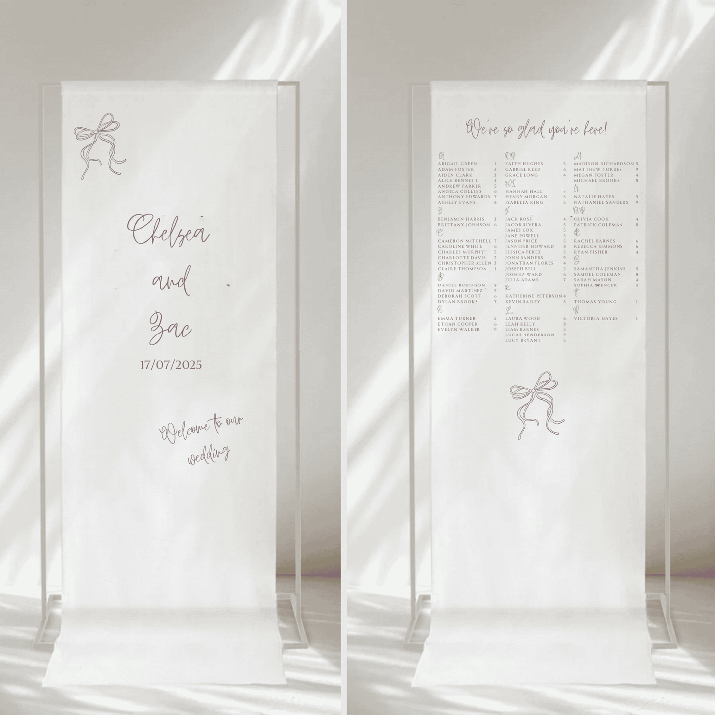 Handwritten wedding signage bundle with welcome sign and seating chart on fabric, custom stationery set
