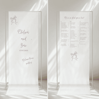 Handwritten wedding signage bundle with welcome sign and seating chart on fabric, custom stationery set