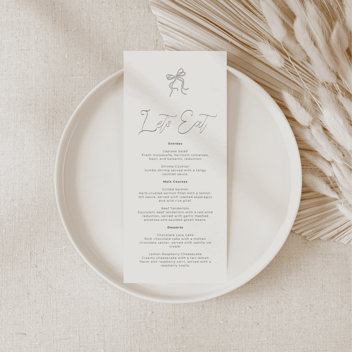 Handwritten wedding menu card styled on a plate for invitation suites wedding stationery and wedding table settings