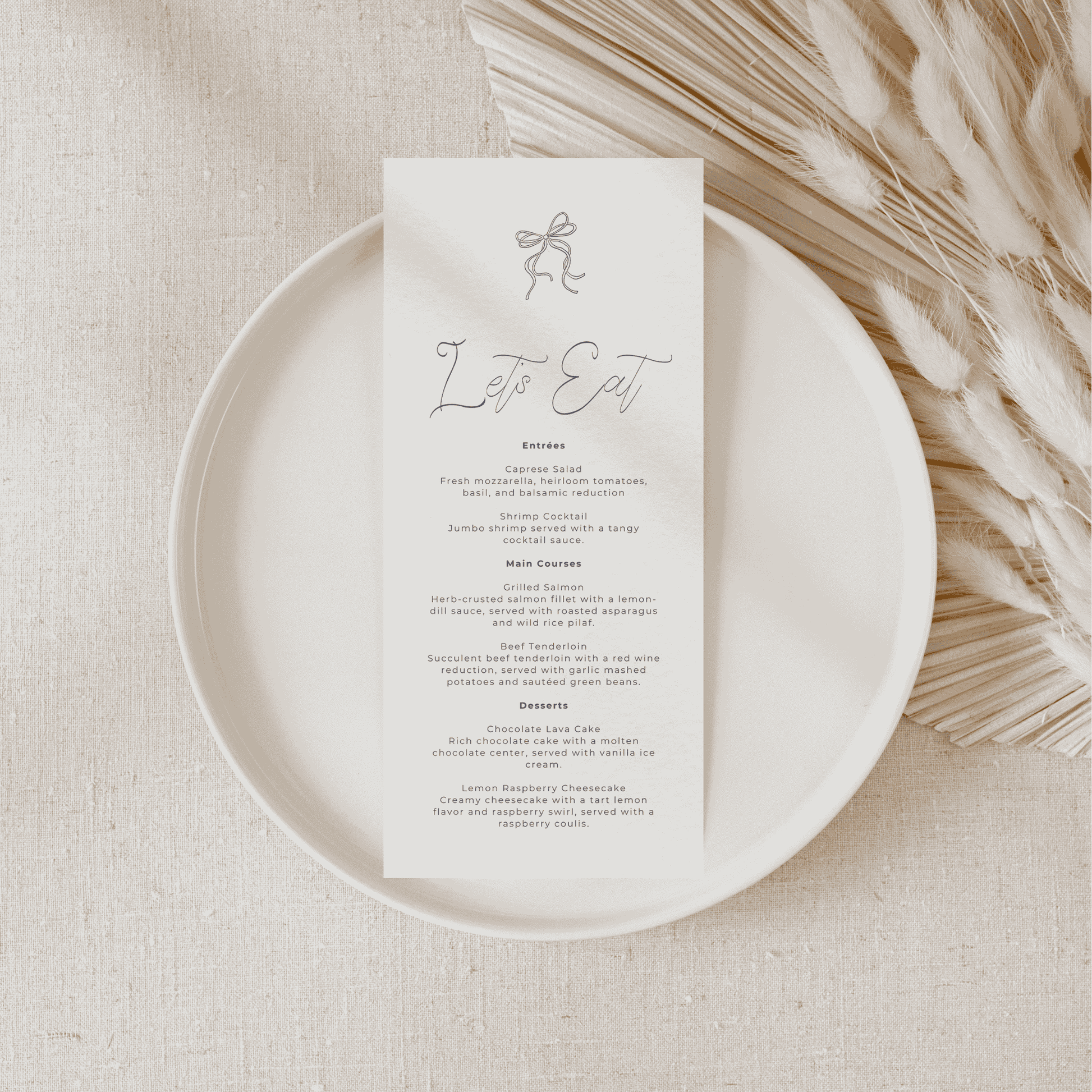 Handwritten wedding menu card styled on a plate for invitation suites wedding stationery and wedding table settings