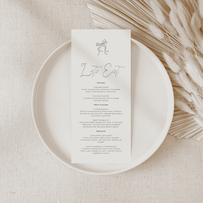 Handwritten wedding menu card styled on a plate for invitation suites wedding stationery and wedding table settings