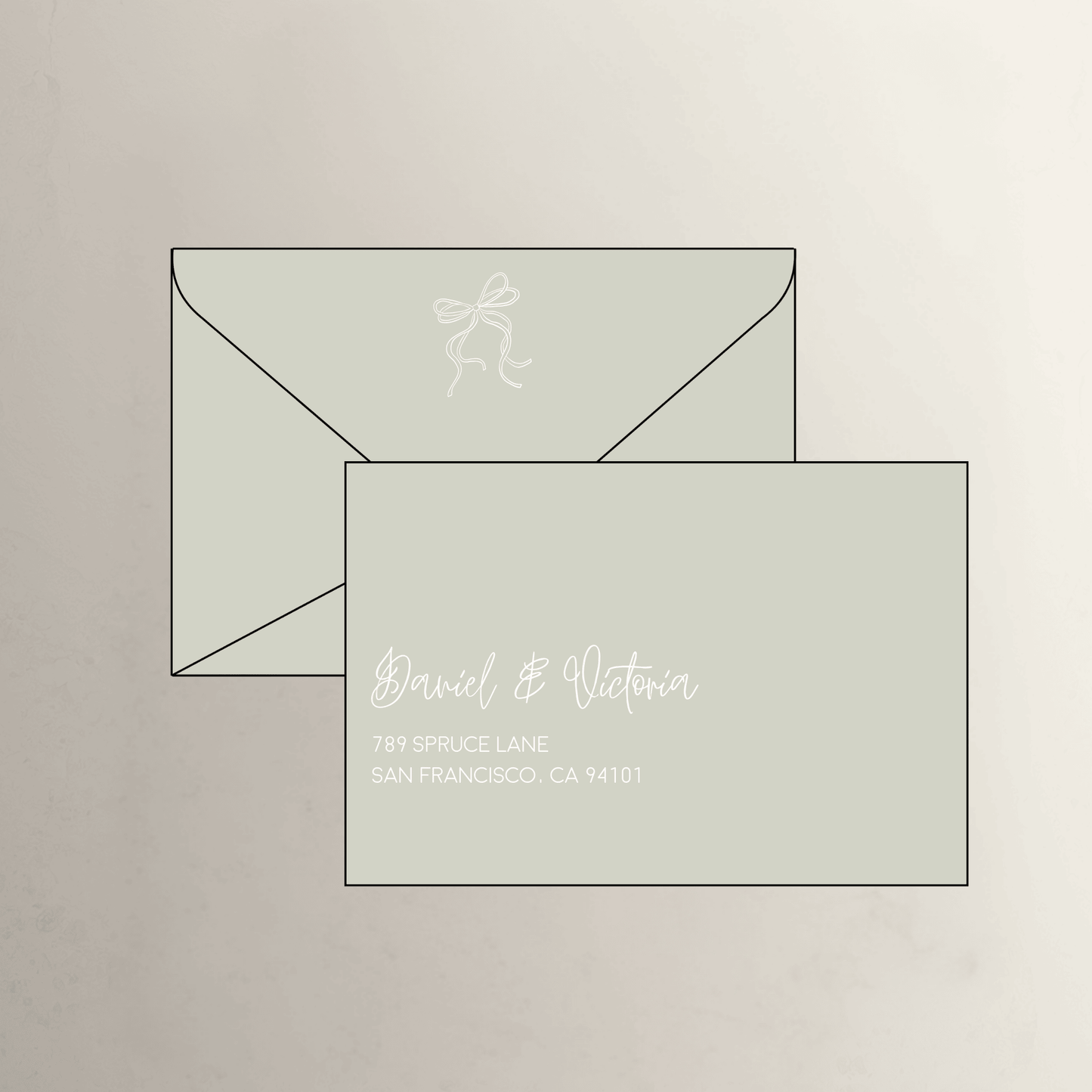 Moss handwritten printed envelopes for wedding invitations and save the dates, ideal for custom wedding stationery