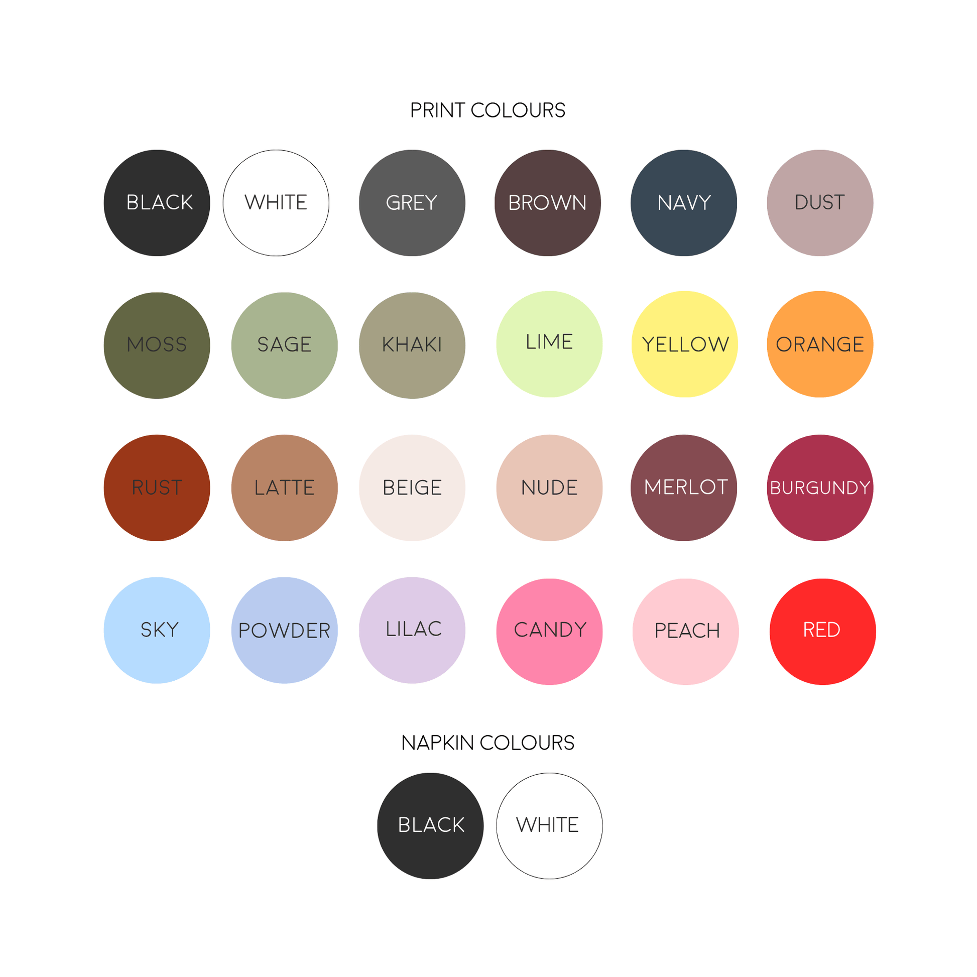 Wedding cocktail napkin colours and print options for custom event stationery, signage, and Melbourne weddings
