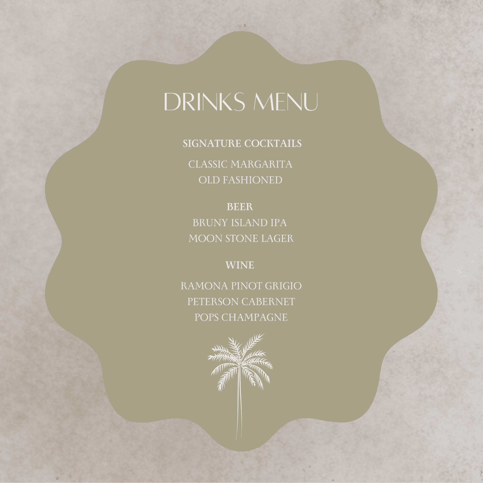 Palm bar sign with drinks menu, modern wedding signage designed to coordinate with wedding stationery and invitation suites