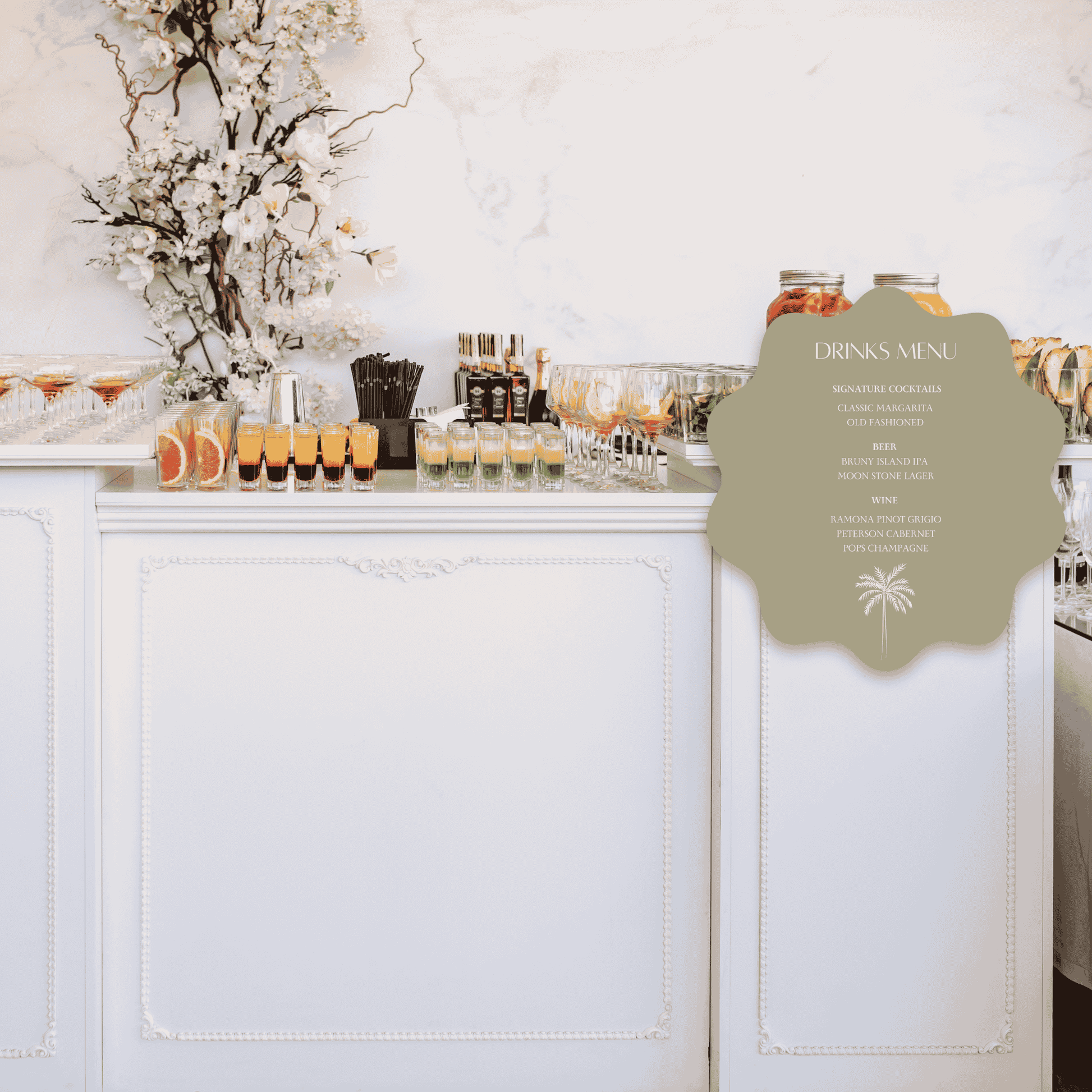 Palm bar sign displayed at an indoor wedding bar, stylish bar signage for wedding receptions and event styling