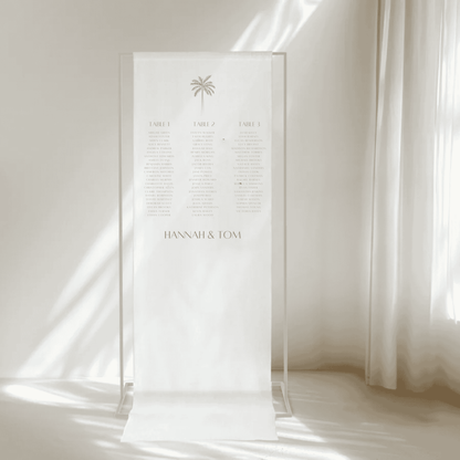 Palm wedding seating chart sign on fabric, custom wedding signage for reception table settings