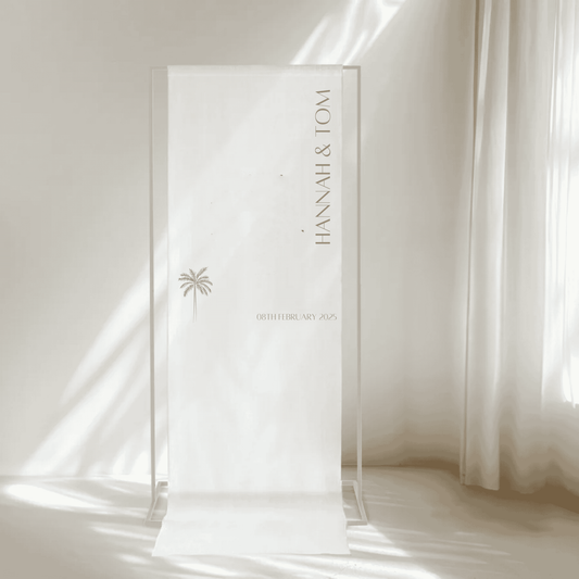 Palm fabric wedding welcome sign with couple names, designed for custom wedding stationery suites