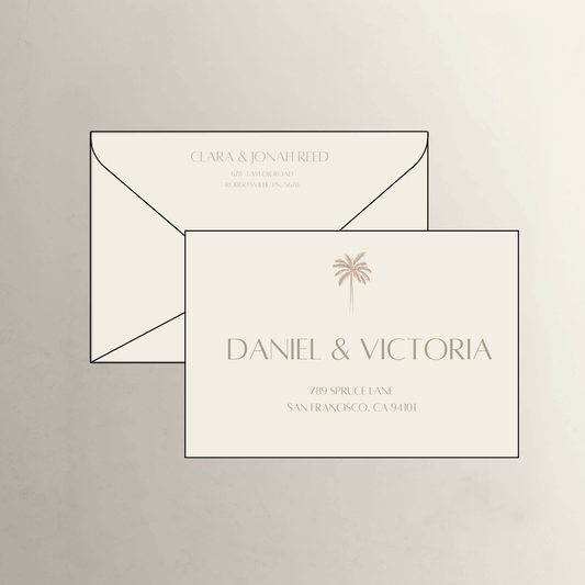 Palm theme printed wedding invitation envelope in almond for custom wedding invitations and wedding stationery suites