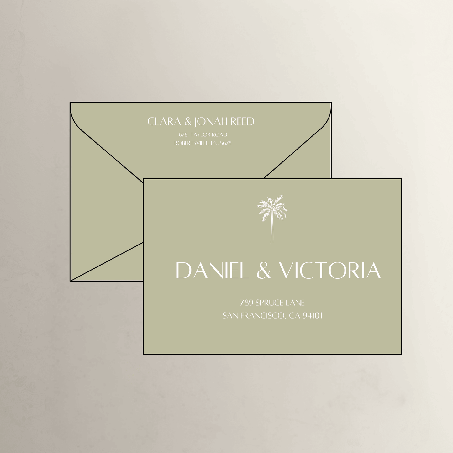 Palm theme printed wedding invitation envelope in matcha for custom wedding invitations and wedding stationery suites