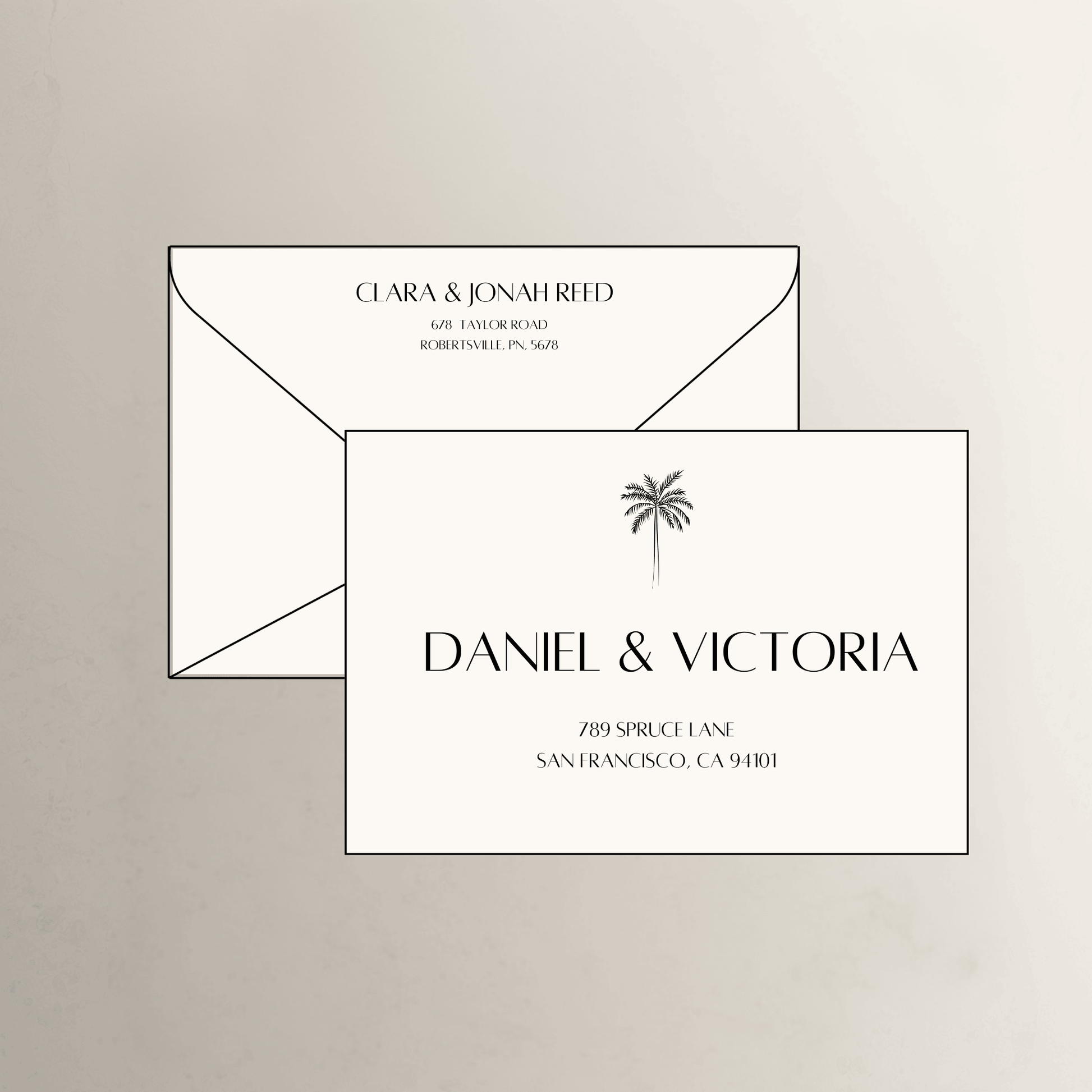 Palm theme printed wedding invitation envelope in white for custom wedding invitations and wedding stationery suites