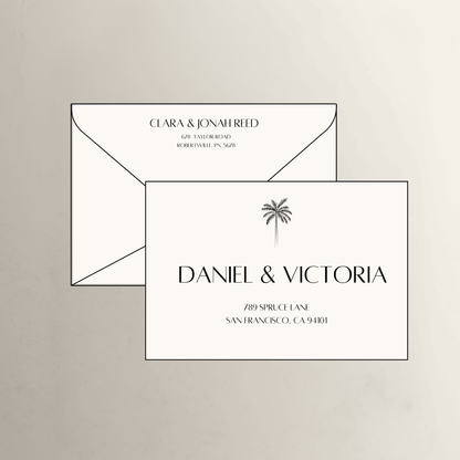 Palm theme printed wedding invitation envelope in white for custom wedding invitations and wedding stationery suites