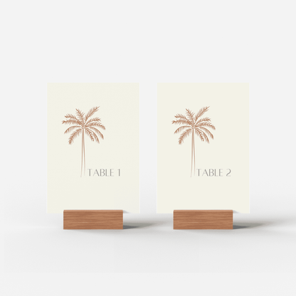 Palm table number one and two signs with tropical palm tree design for stylish wedding décor