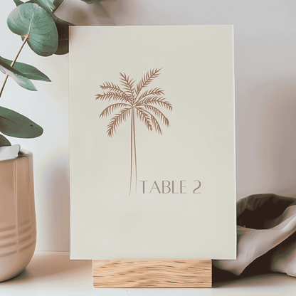Palm table number two sign for weddings and events bringing tropical style to your reception or party décor