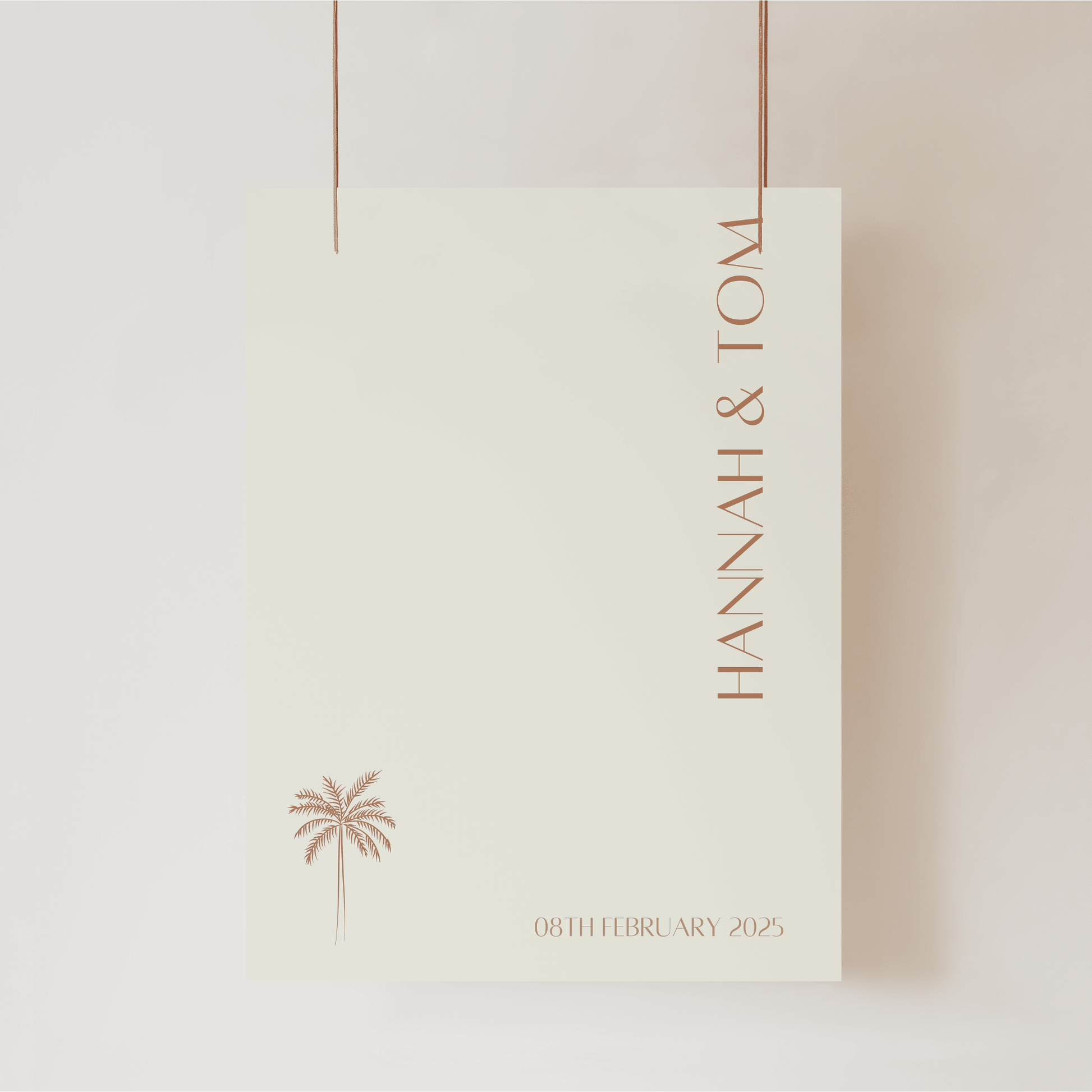 Palm wedding welcome sign with couple names and date printed on modern wedding stationery for wedding signage and wedding event
