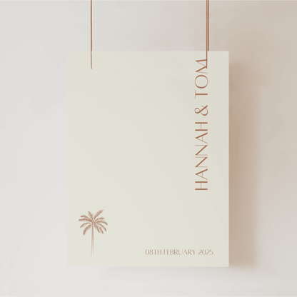 Palm wedding welcome sign with couple names and date printed on modern wedding stationery for wedding signage and wedding event