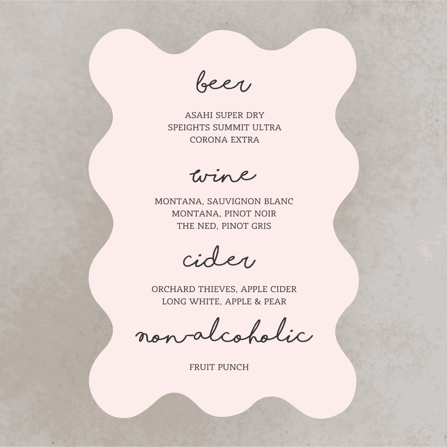 Paris style wedding bar sign in soft pink wave shape, featuring drinks menu typography for wedding signage and bar signage for wedding events