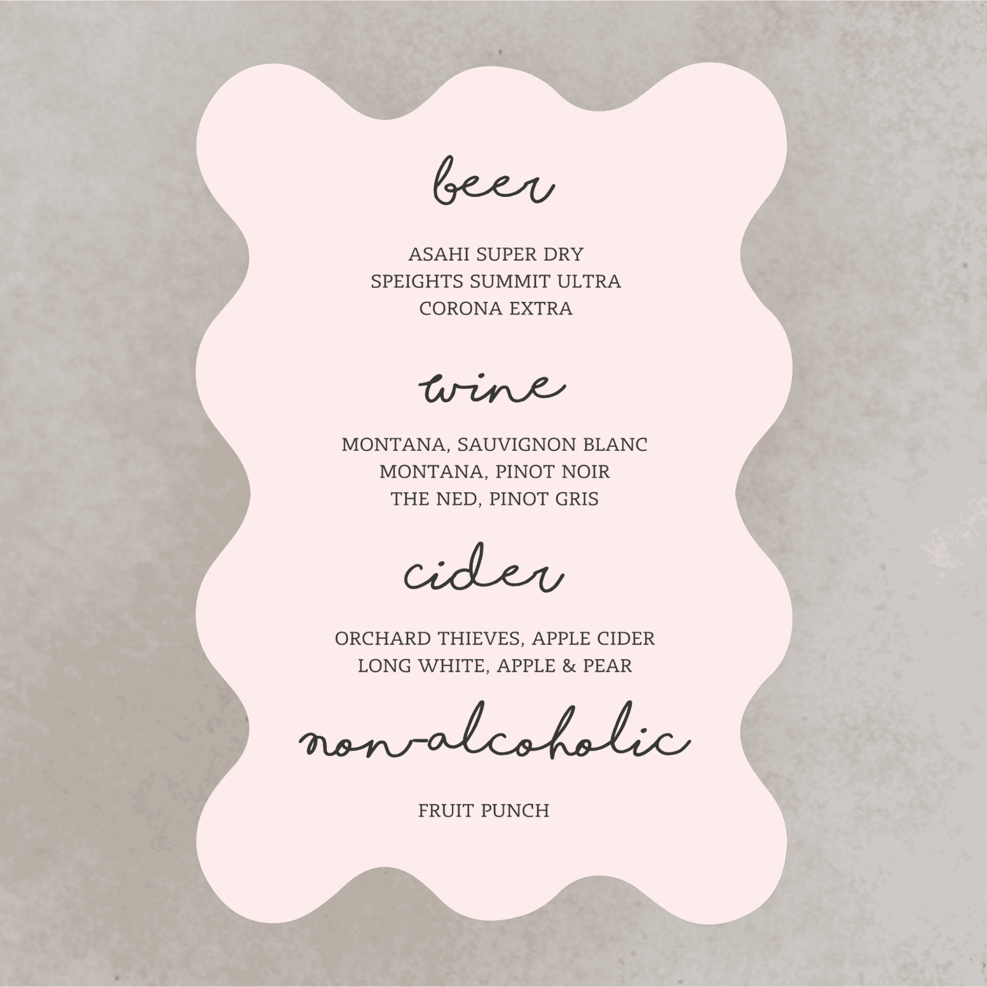 Paris style wedding bar sign in soft pink wave shape, featuring drinks menu typography for wedding signage and bar signage for wedding events