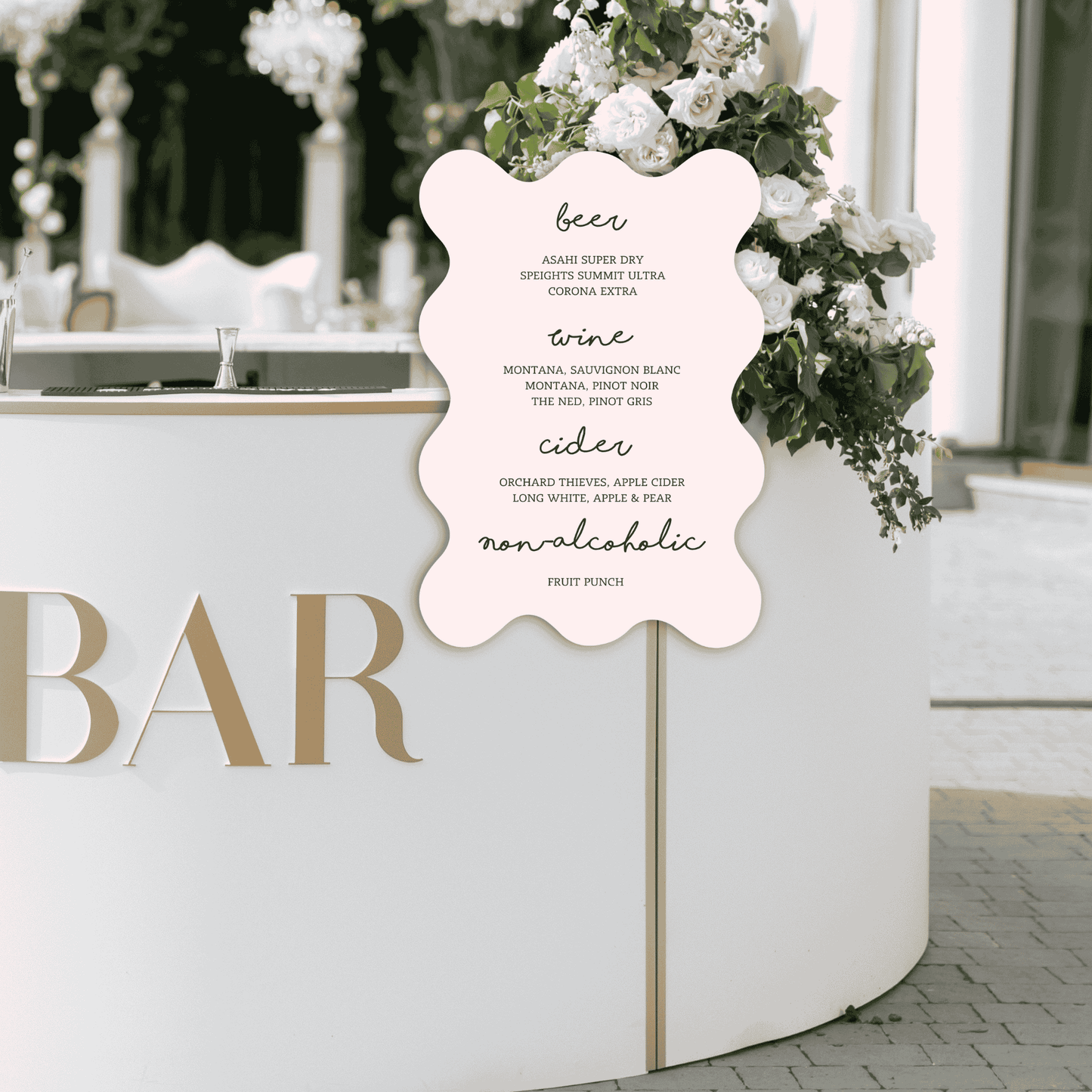 Paris wedding bar sign displayed at outdoor wedding bar with floral styling, ideal for wedding signage, wedding decoration and table signs